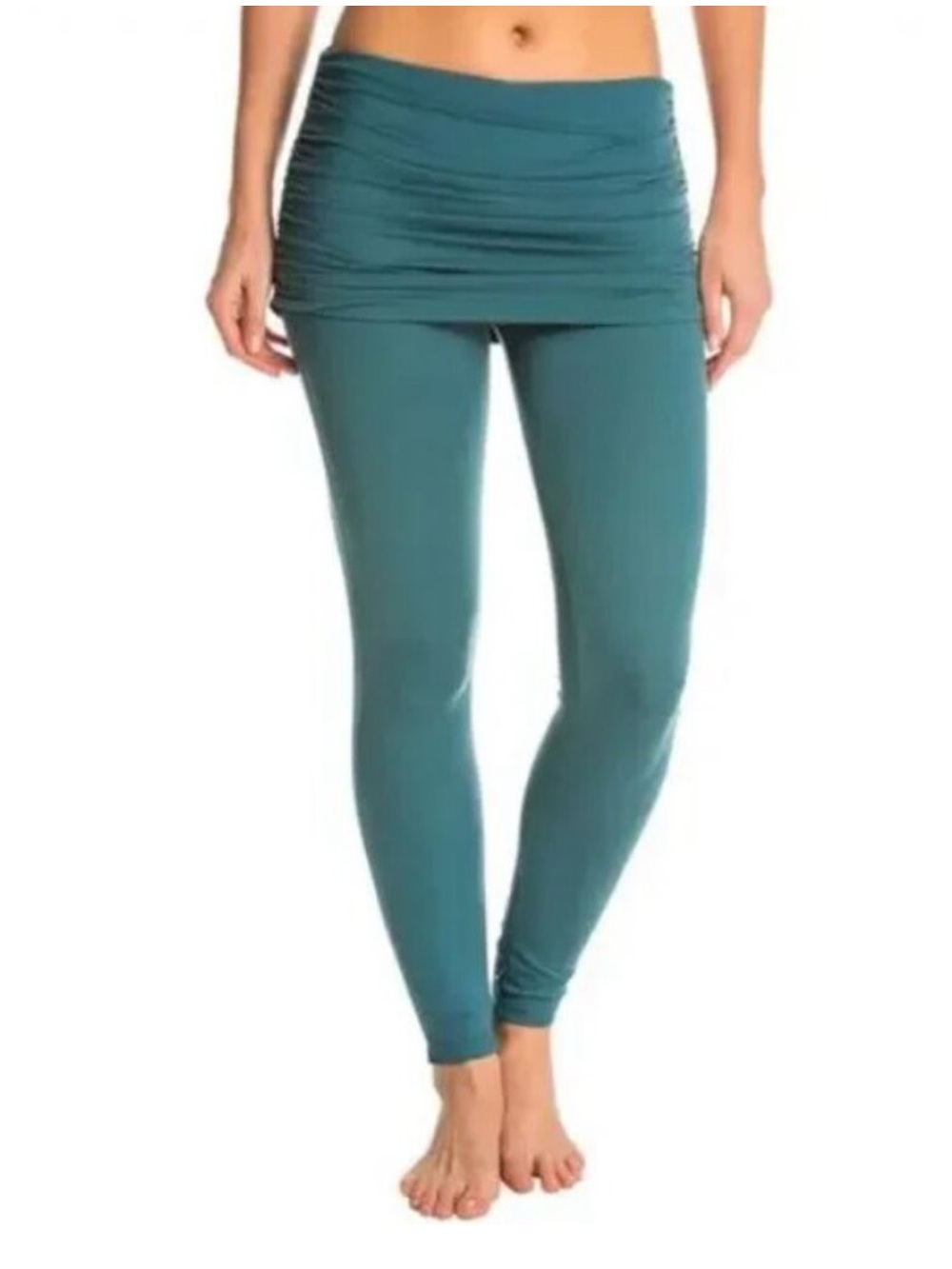 PrAna Remy Teal Skirted Yoga Leggings, Shirred Ruched Sides - size Large